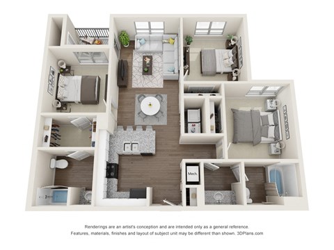 Floor plan for 3 beds, 2 baths, 1110 sqft